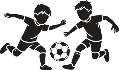 Obraz premium Two young boys playing soccer silhouette with a ball
