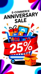 Celebrating an e-commerce anniversary sale with discounts on various products and cheerful decorations - High Contrast