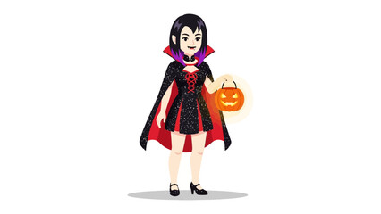 Spooky Eve: A captivating illustration of a vampire girl ready for Halloween, holding a glowing pumpkin lantern. The illustration captures the essence of All Hallows' Eve.
