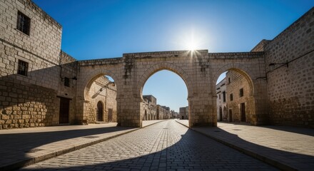 Fototapeta premium Ancient Stone Archway Leading to Historic Old Town Street