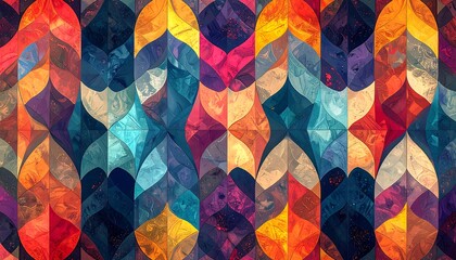 A mosaic of colorful, symmetrical shapes resembling stylized flames or leaves, arranged in vertical rows. It showcases a vibrant palette