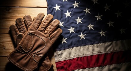 A pair of brown leather gloves rests on a wooden surface next to a portion of the american flag, creating a patriotic and rustic scene veterans day background