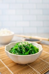 Seaweed salad,wakame salad, chuka wakame in white bowl	