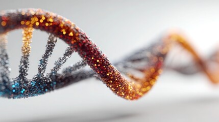 Futuristic genetic spiral representing biotechnology, where vibrant orange, red, and blue lights create a digital DNA structure. Selective focus.