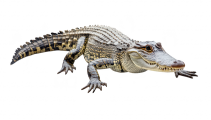 A close-up view of a crocodile resting on a smooth surface. its intricate scales and features. with a plain white background emphasizing its natural beauty. ideal for educational or wildlife content