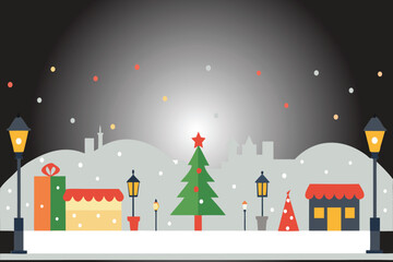 Obraz premium Panoramic Christmas City Street with Festive Shops and Lights Vector