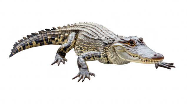 A close-up view of a crocodile resting on a smooth surface. its intricate scales and features. with a plain white background emphasizing its natural beauty. ideal for educational or wildlife content