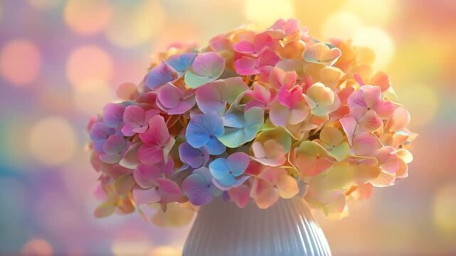 A vibrant bouquet of multicolored hydrangeas in a vase, bathed in soft, pastel light