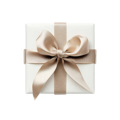 Fototapeta premium A beautifully wrapped gift box with a luxurious beige ribbon. set against a clean. minimalist white background. perfect for celebrations. holidays. or special occasions