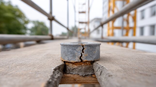 Close-Up of Cracked Concrete and Bent Metal in Construction Site Urban Environment Detailed Structural Analysis