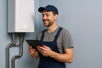 smiling technician with tablet inspecting home boiler system for maintenance