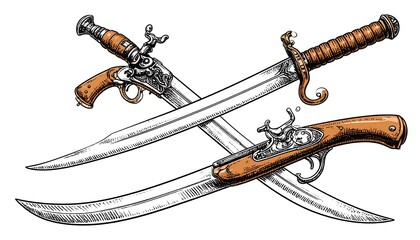 Crossed antique swords and pistols.  Detailed line drawing