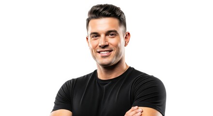 Smiling man in black t-shirt with arms crossed on white background