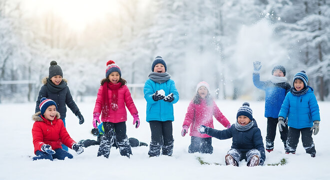 A group of children joyfully playing in the snow throwing snowballs and enjoying a winter day outdoors