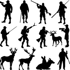  Hunter silhouette Vector, Hunter forest animal silhouette,  Deer hunter silhouette,  Silhouette of a hunting man vector, hunter with a gun