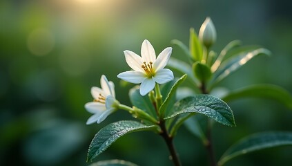 Obraz premium Close up of white flower with foliage and water droplets on moody morning branch
