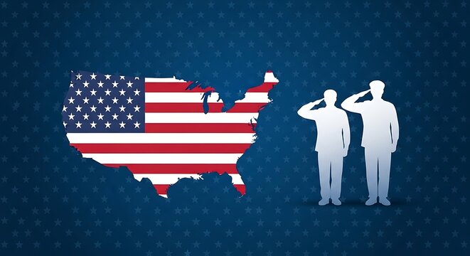 Two soldiers saluting in front of a united states map with the american flag, symbolizing patriotism and military service veterans day background