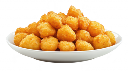 A close-up view of a heaping plate of golden. crispy potato tater tots. their texture and shape. perfect for food photography or menu design