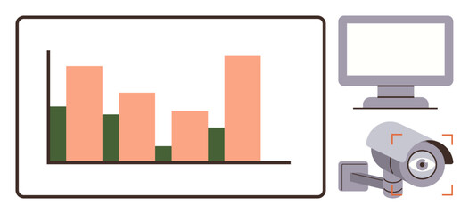 Bar chart on screen, computer interface, CCTV camera. Ideal for security, analytics, surveillance, monitoring, network protection technology data. Clean simple flat metaphor