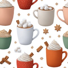 Warm and Cozy Hot Chocolate Pattern with Marshmallows and Spices, Hot Cocoa Pattern, Watercolor Dessert, Seamless Christmas Food, Diverse Toppings, Marshmallow Art 