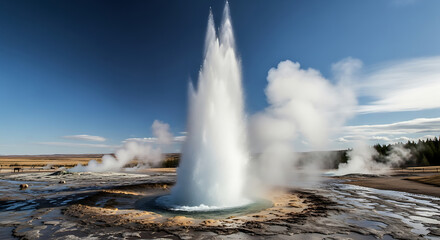Strokkur geyser erupting in iceland with blue sky and steam rising from the geothermal area around it ai generated
