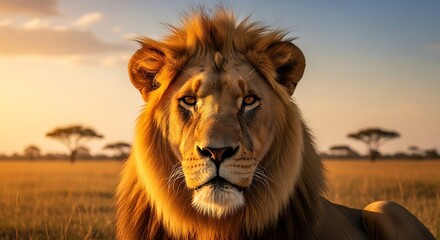 Majestic lion king gazes intently at the golden savanna at sunset, embodying the raw power and beauty of the African wilderness.