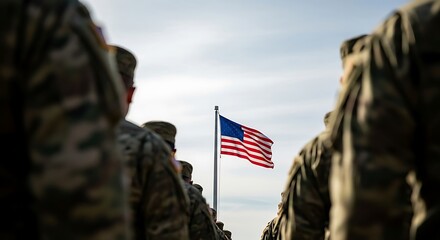 American flag waves proudly amidst soldiers in formation, symbolizing unity and military pride veterans day background