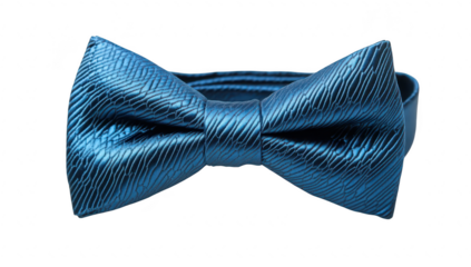 A blue bow tie with a textured pattern. elegantly displayed on a white background. ideal for formal occasions. fashion photography. or accessories marketing