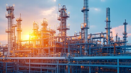 Wide panoramic shot of futuristic Biofuel Processing Plant refinery with integrated carbon capture systems and renewable fuel production units. 