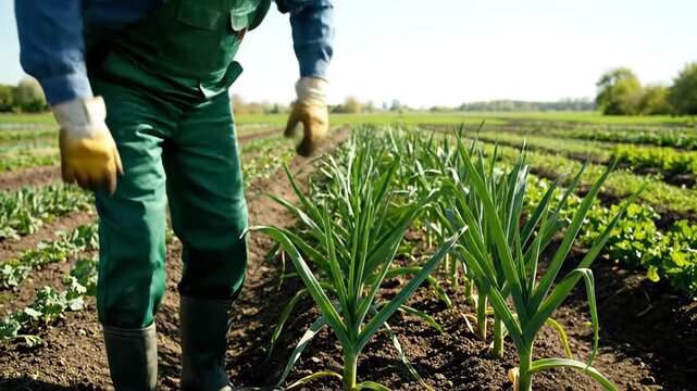 Dedicated gardener tending to vibrant green leeks in a sunlit field, showcasing the nurturing process of agricultural cultivation and growth