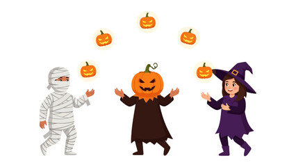 Spooky Halloween Juggle: Three children in Halloween costumes delight in juggling glowing jack-o'-lanterns, painting a scene of playful fright and childlike glee.