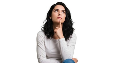 Woman Thinking with Finger on Chin adult black hair