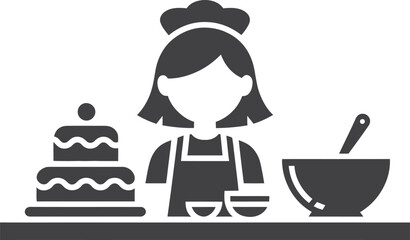 Baker woman with cake and mixing bowl icon
