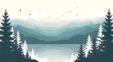 Serene mountain landscape with layered peaks, a calm lake, and silhouetted pine trees under a pale sky with distant birds flying world tourism day background