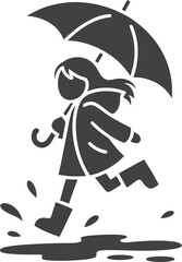 Child in raincoat and boots jumps in puddles under umbrella