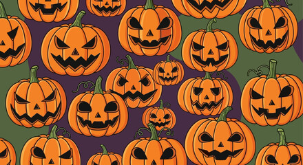 Vibrant Halloween jack o'lanterns create a spooky, festive pattern perfect for seasonal decorations and party invitations