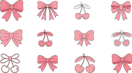 Charming pink bow and cherry illustrations for spring and summer designs, perfect for invitations, cards, and cute DIY projects adding a touch of whimsy