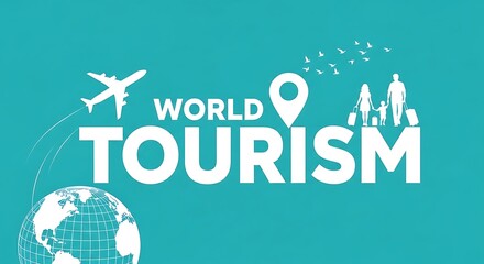 World tourism concept with airplane, globe, and people icons world tourism day background