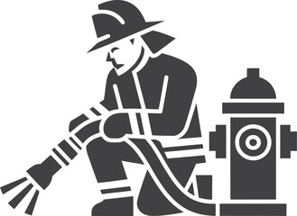 Firefighter in uniform holding a hose next to a fire hydrant