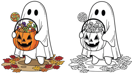 Cute Halloween Ghost with Pumpkin Basket Full of Candies and Autumn Leaves - Perfect for Trick-or-Treat Fun