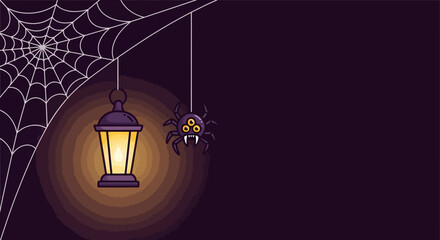 Spooky Halloween scene with a glowing lantern, a creepy spider dangling from a web, and a dark, mysterious background perfect for holiday invitations and decorations.