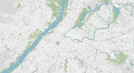 Obraz premium Aerial city map with river and green spaces, isolated on white background world tourism day background