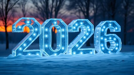 Large illuminated blue light numbers 2026 in the snow at dusk, symbolizing the winter season, new year, and festive holiday decoration