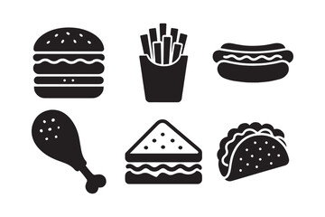 Collection of delicious fast food items including burgers fries and drinks isolated on white background