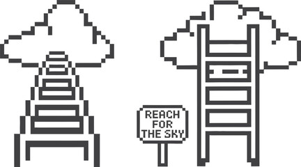 Pixel art ladders reaching towards clouds with a sign saying reach for the sky © NASRIN