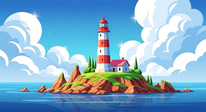 A picturesque lighthouse stands tall on a rocky island surrounded by the calm blue sea under a cloudy sky world tourism day background - Powered by Adobe
