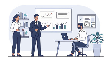 Fototapeta premium Dynamic business team reviewing quarterly results in modern office setting, focusing on growth and collaboration