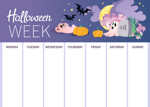 Halloween weekly planner with funny characters. School schedule playful ghost and bat. Perfect for event planning, to-do lists, and seasonal stationery. Spooky Week background. Vector illustration. - Powered by Adobe
