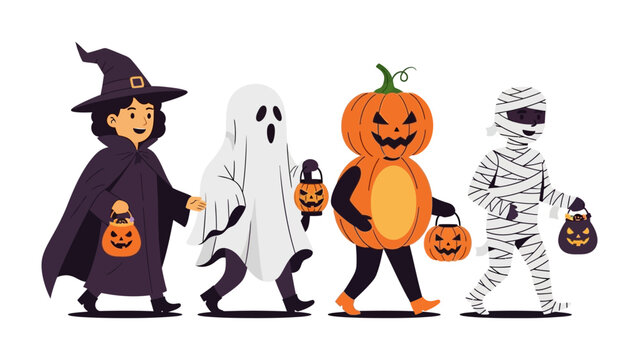 Halloween Parade: A whimsical illustration captures the spirit of Halloween, showcasing four playful figures in festive costumes, each carrying a jack-o'-lantern as they march in a joyful parade.