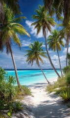 Tropical beach scene with palm trees turquoise water and white sand